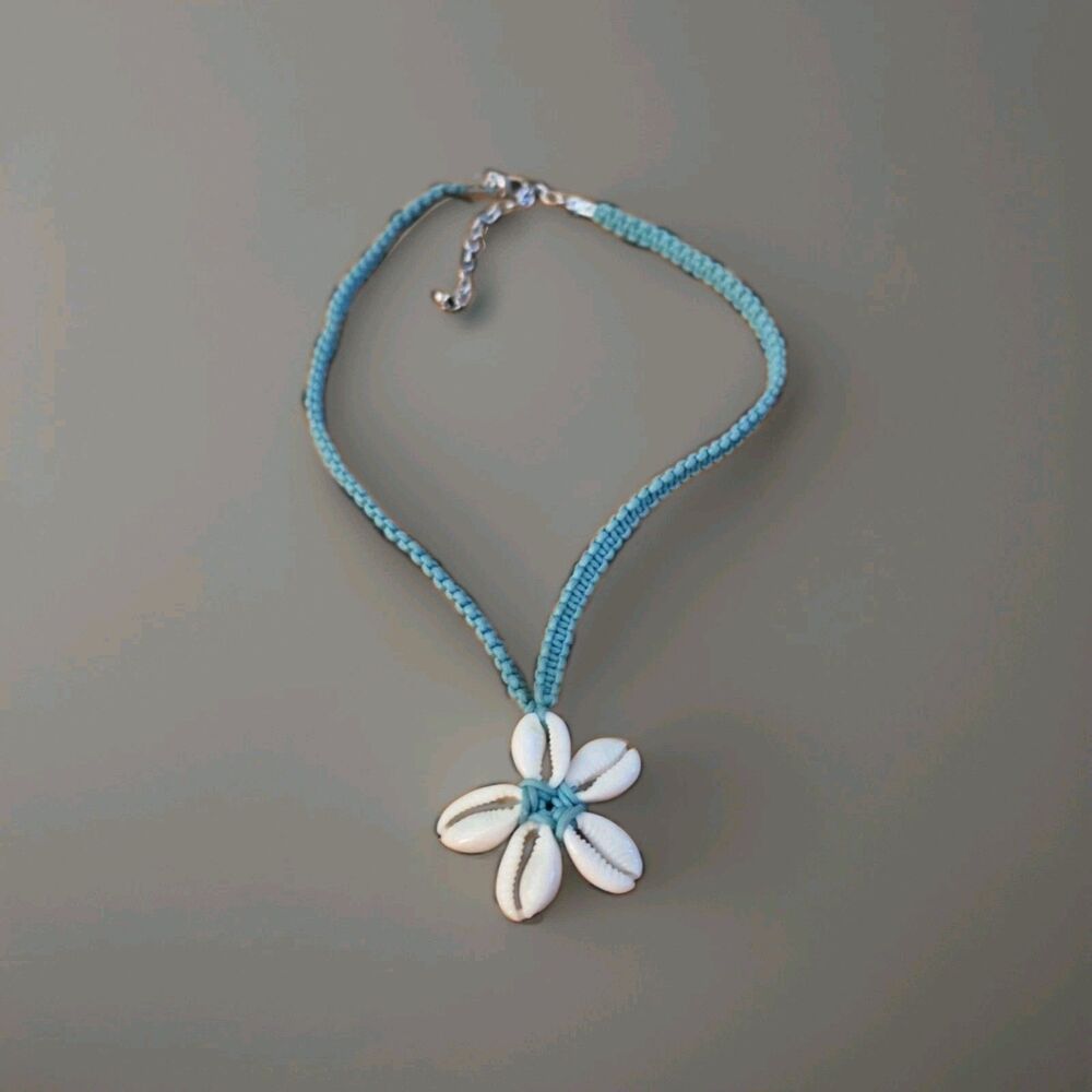 Boho Teal Macrame Choker Necklace Genuine Cowrie Shell Flower Pendant Beach